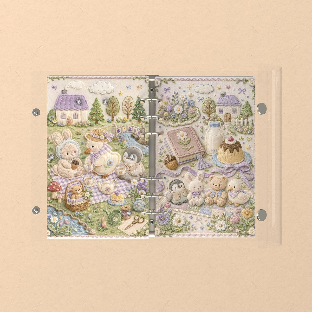 Opened flat: the inside of the front and back covers