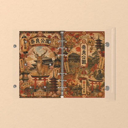 Opened flat: the inside of the front and back covers