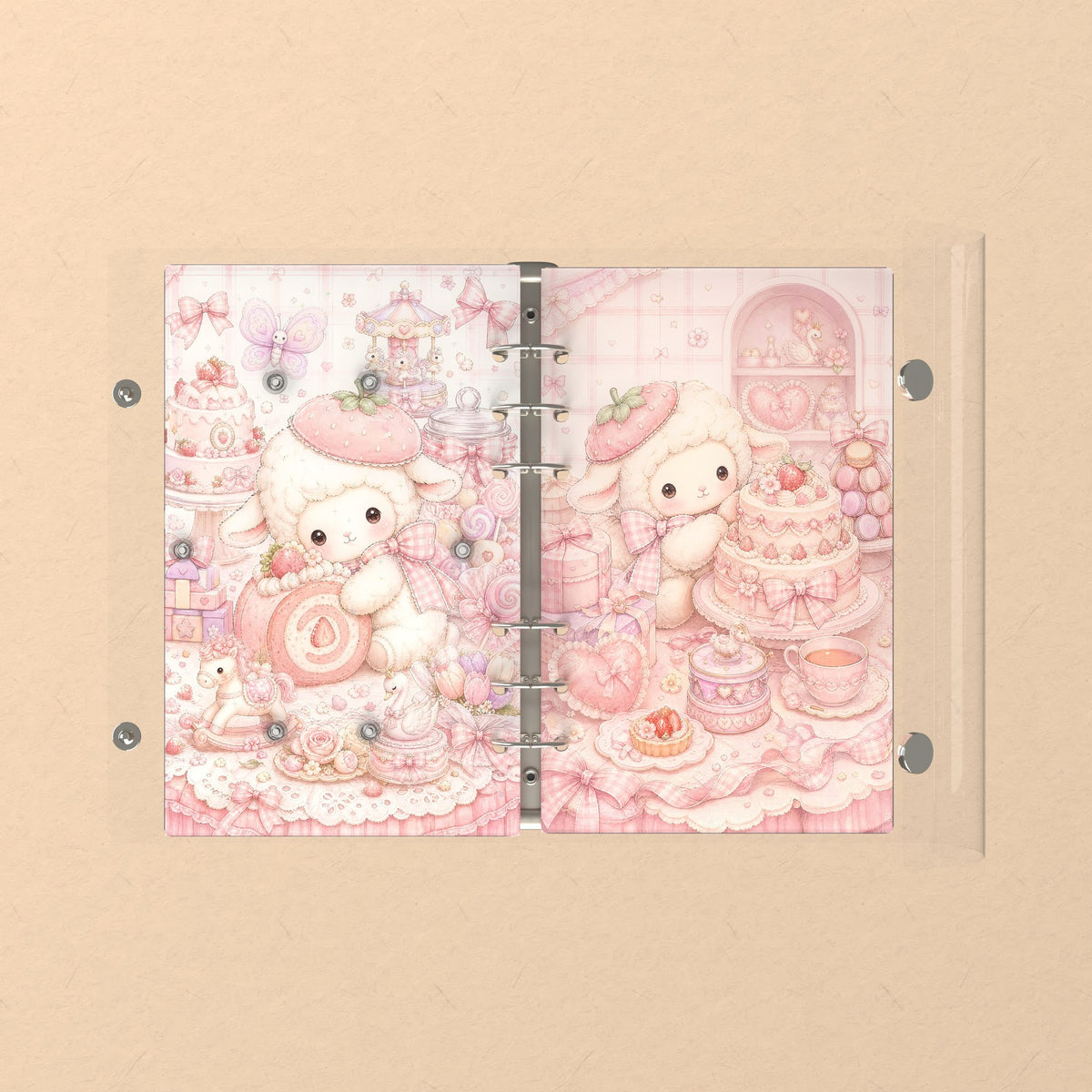 Opened flat: the inside of the front and back covers