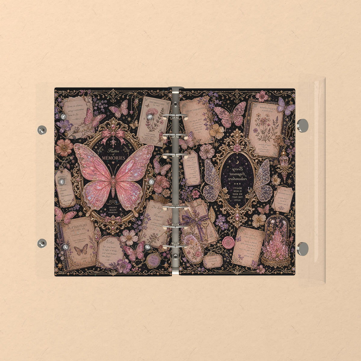 Opened flat: the inside of the front and back covers