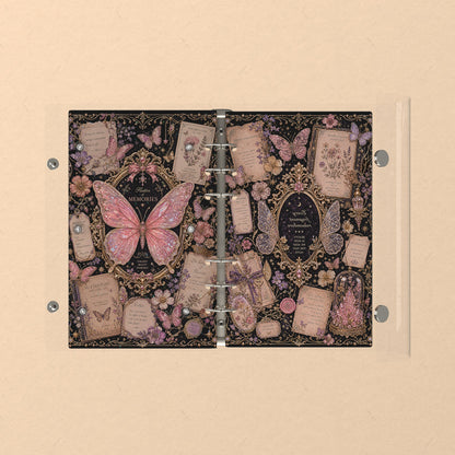Opened flat: the inside of the front and back covers