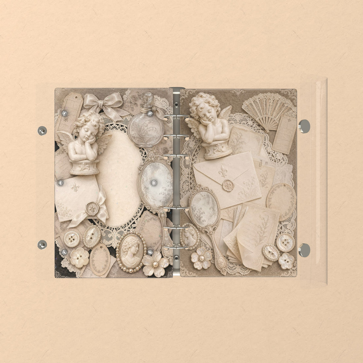 Opened flat: the inside of the front and back covers