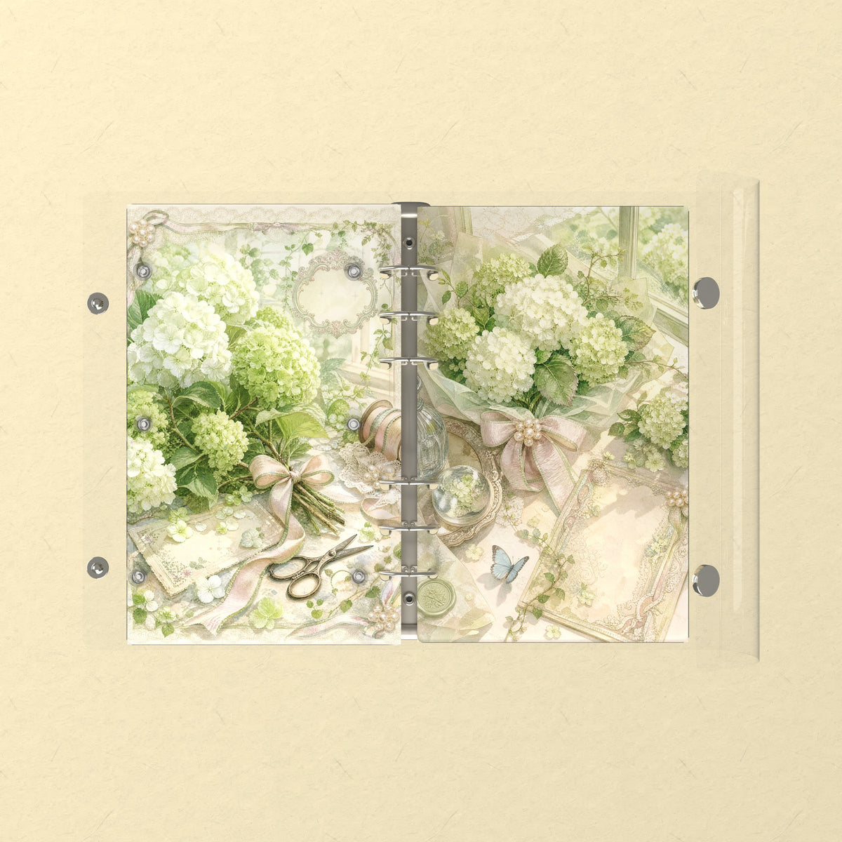 Opened flat: the inside of the front and back covers