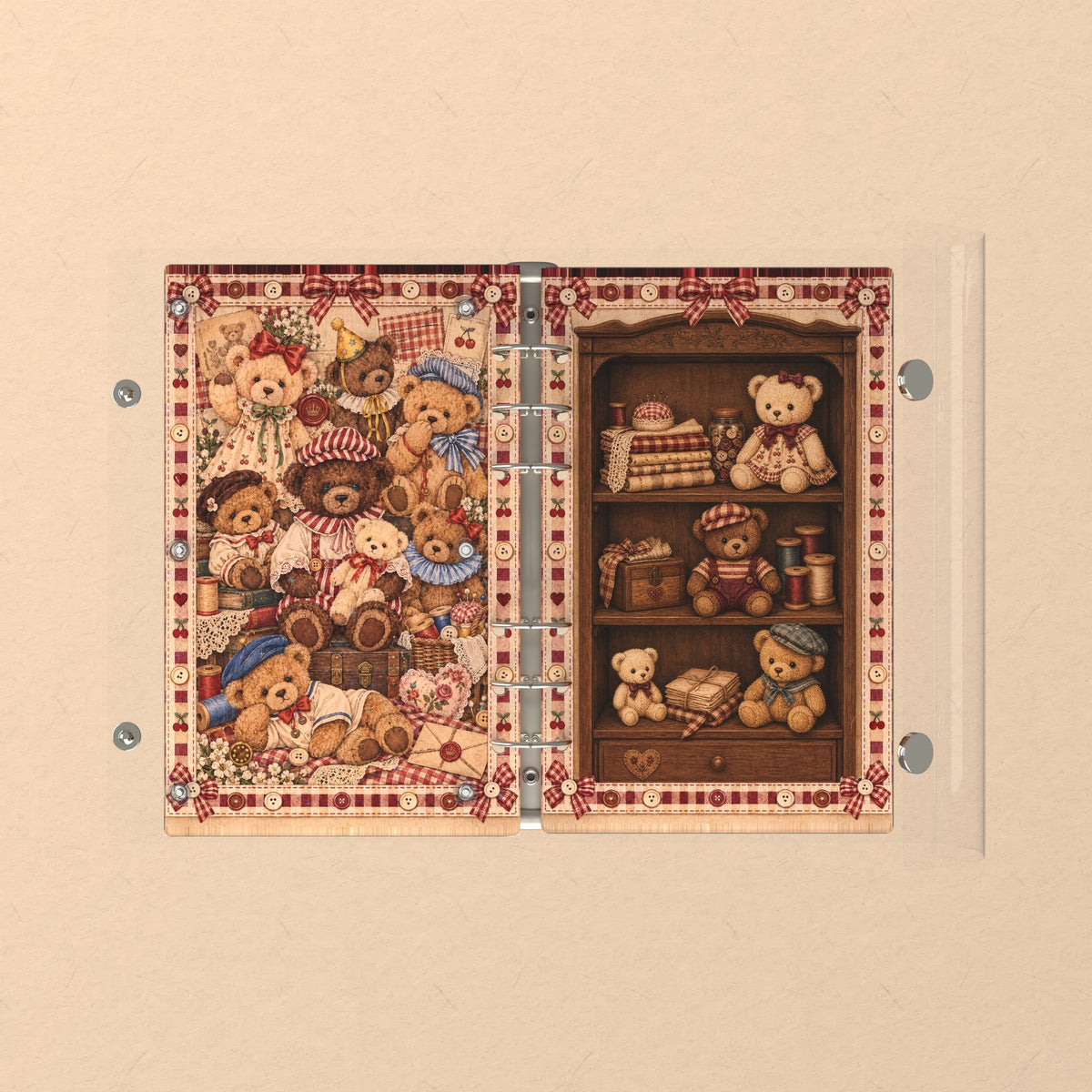 Opened flat: the inside of the front and back covers