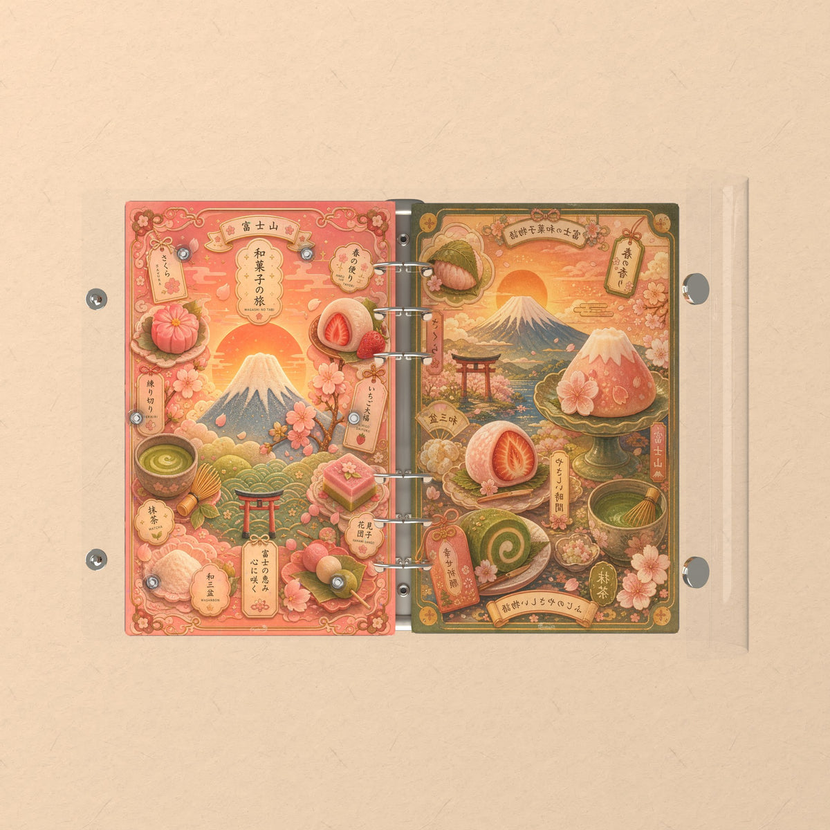 Opened flat: the inside of the front and back covers