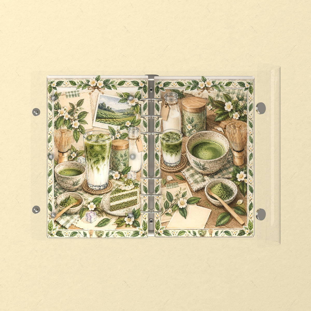 Opened flat: the inside of the front and back covers