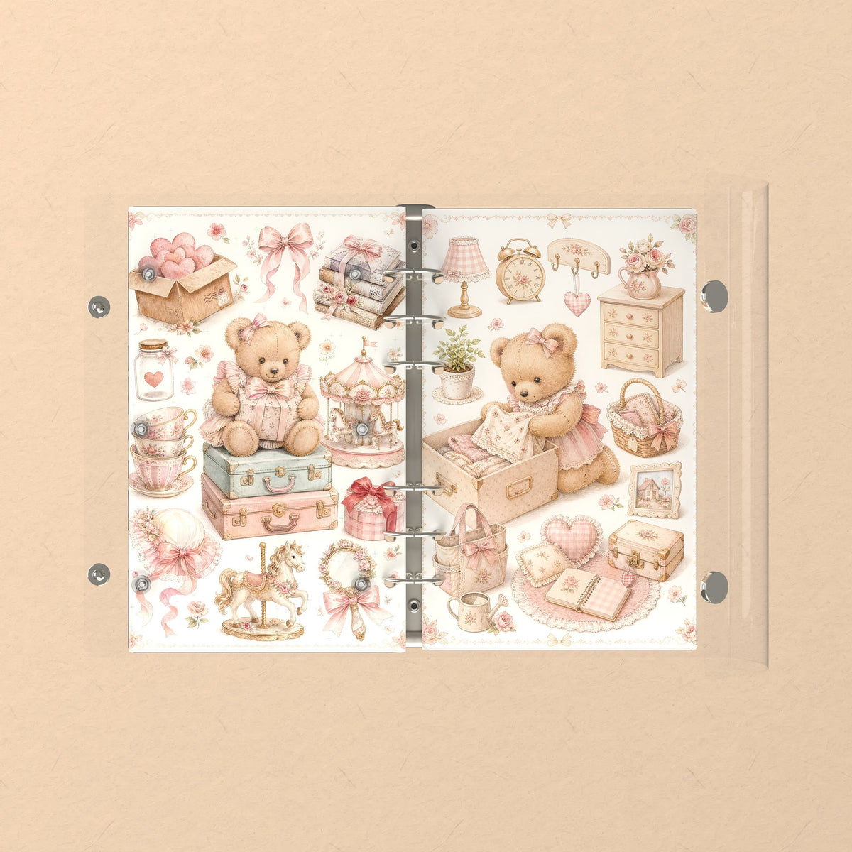 Opened flat: the inside of the front and back covers