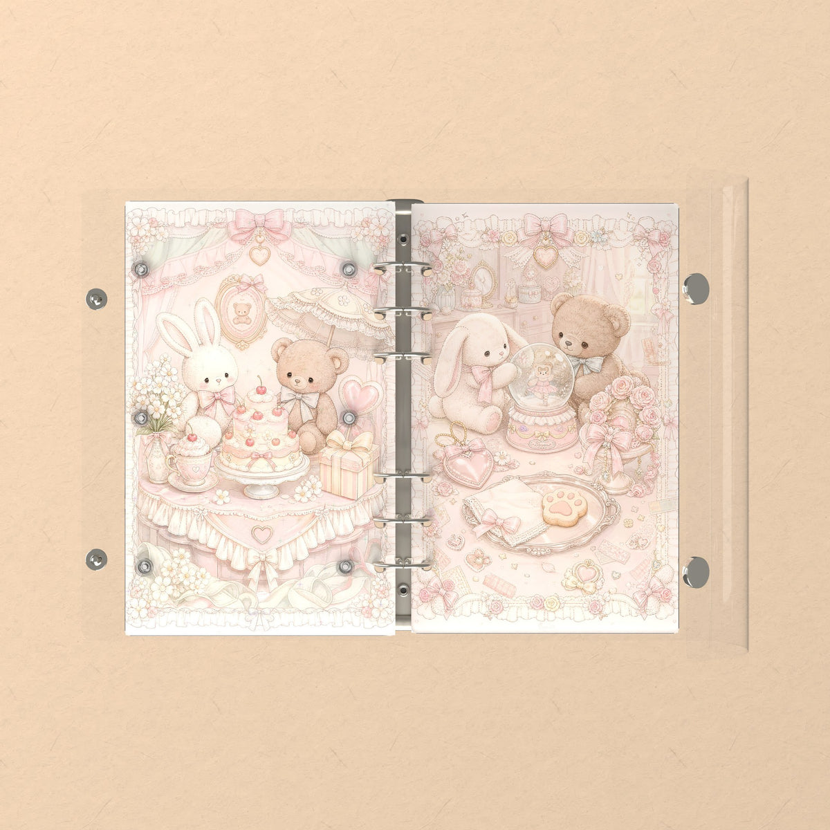 Opened flat: the inside of the front and back covers