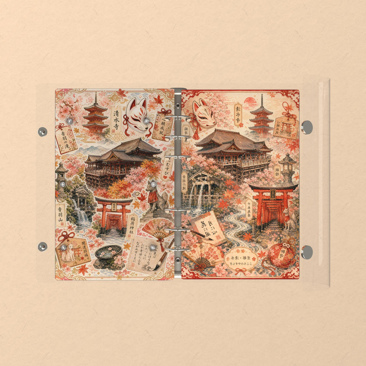 Opened flat: the inside of the front and back covers