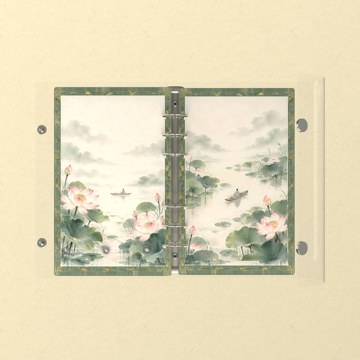 Opened flat: the inside of the front and back covers