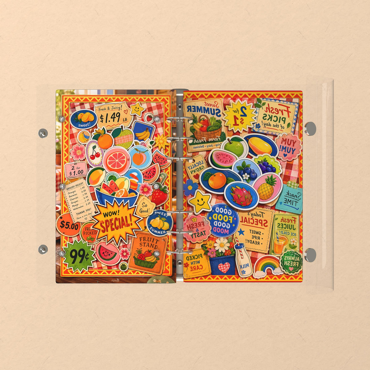 Opened flat: the inside of the front and back covers