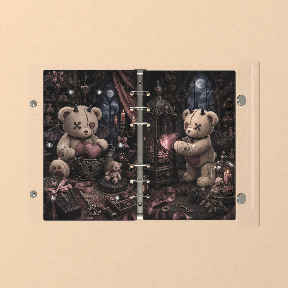 Opened flat: the inside of the front and back covers