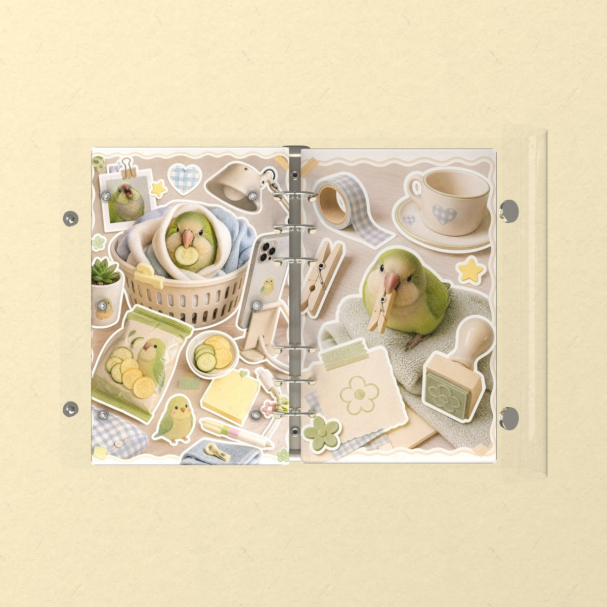 Opened flat: the inside of the front and back covers