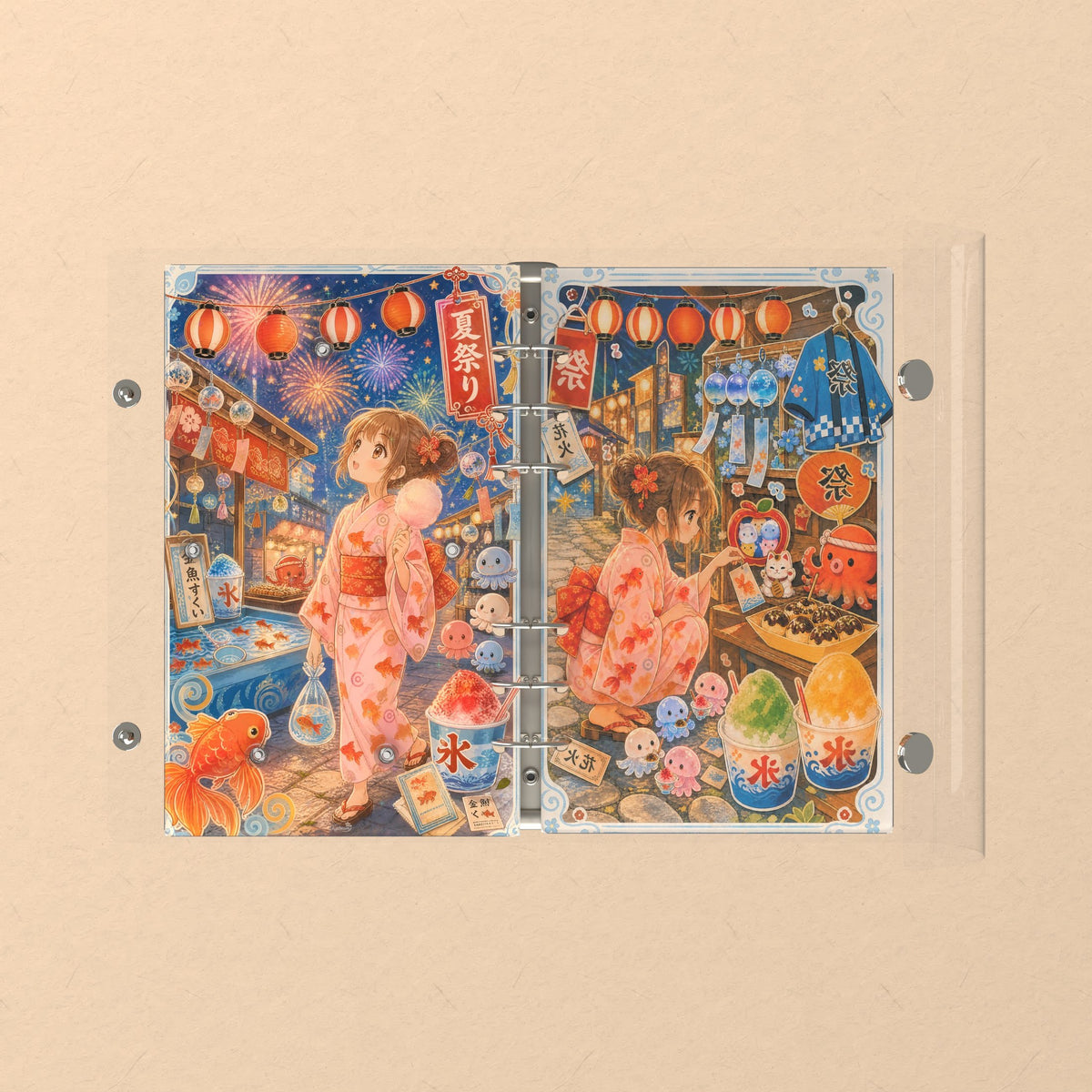 Opened flat: the inside of the front and back covers