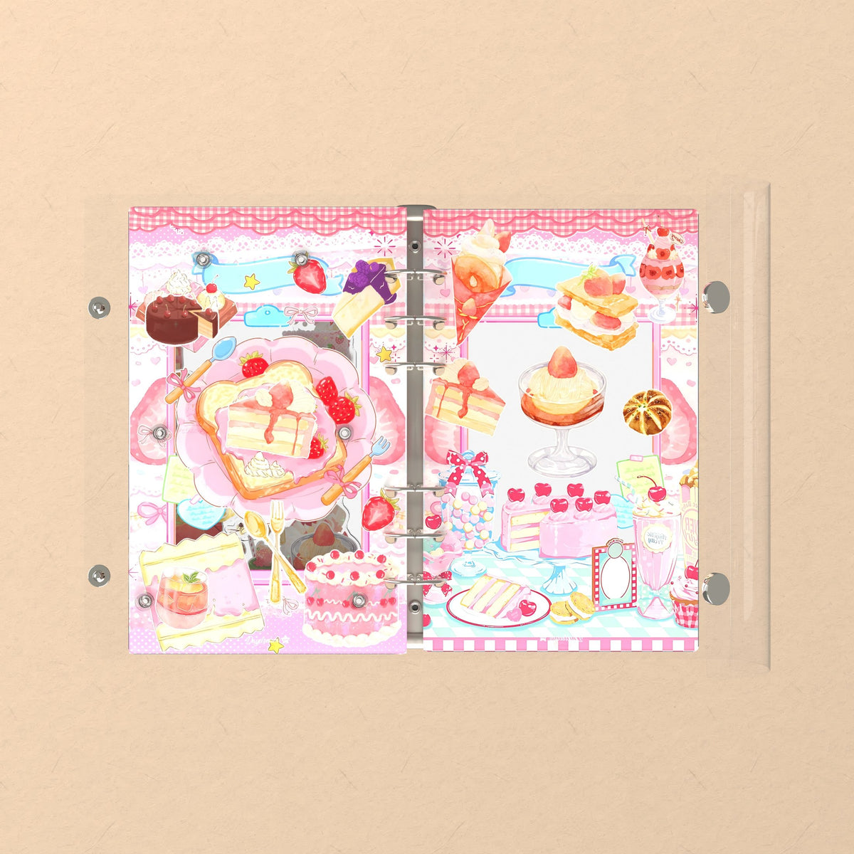 Opened flat: the inside of the front and back covers