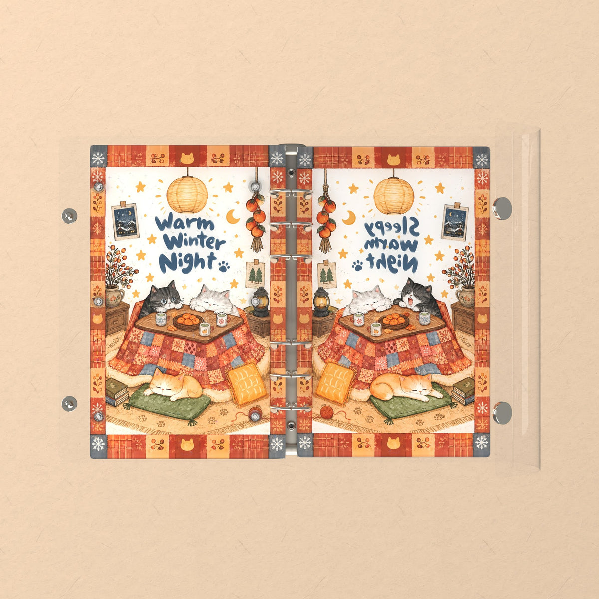 Opened flat: the inside of the front and back covers