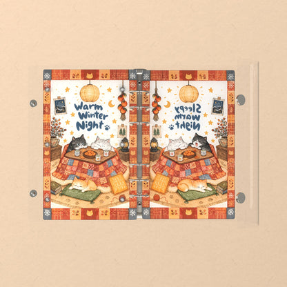 Opened flat: the inside of the front and back covers