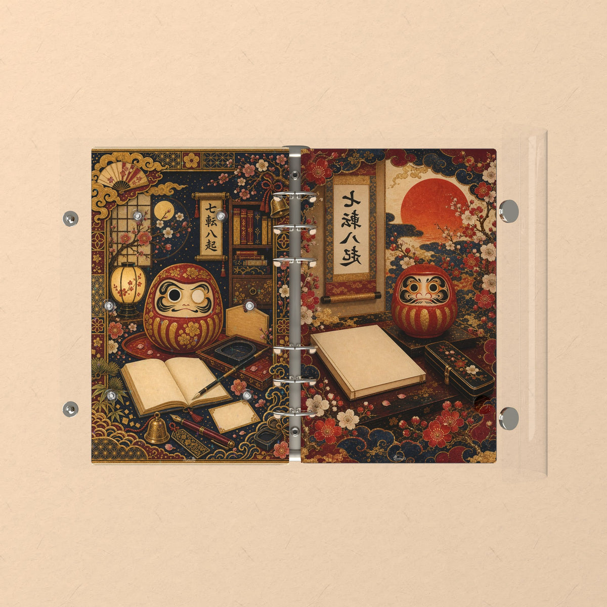 Opened flat: the inside of the front and back covers