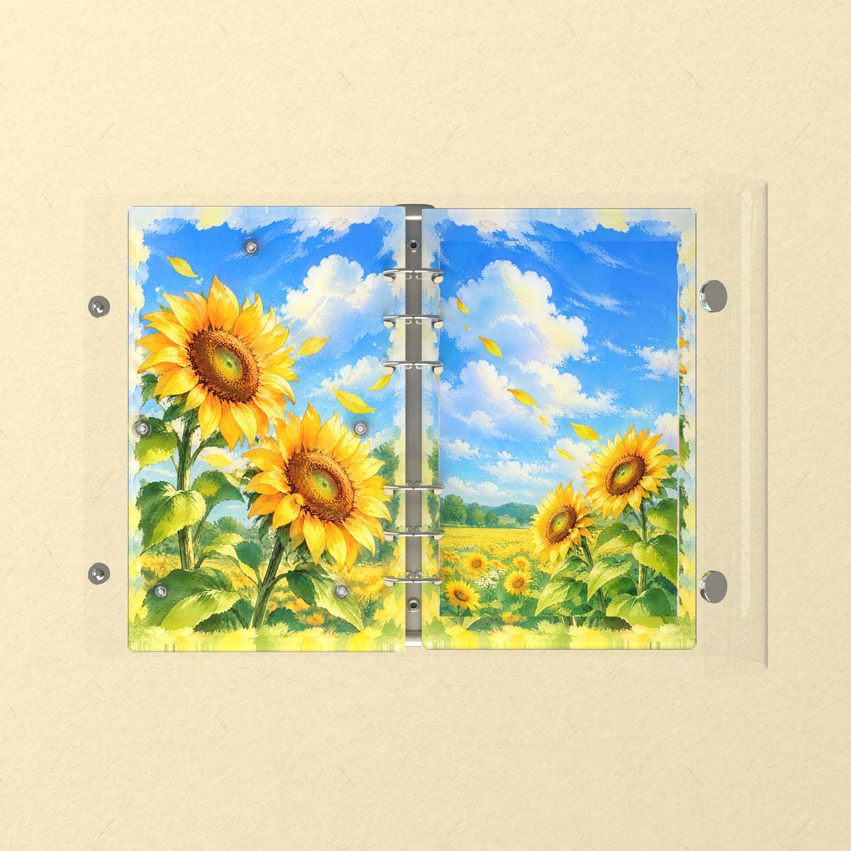 Opened flat: the inside of the front and back covers