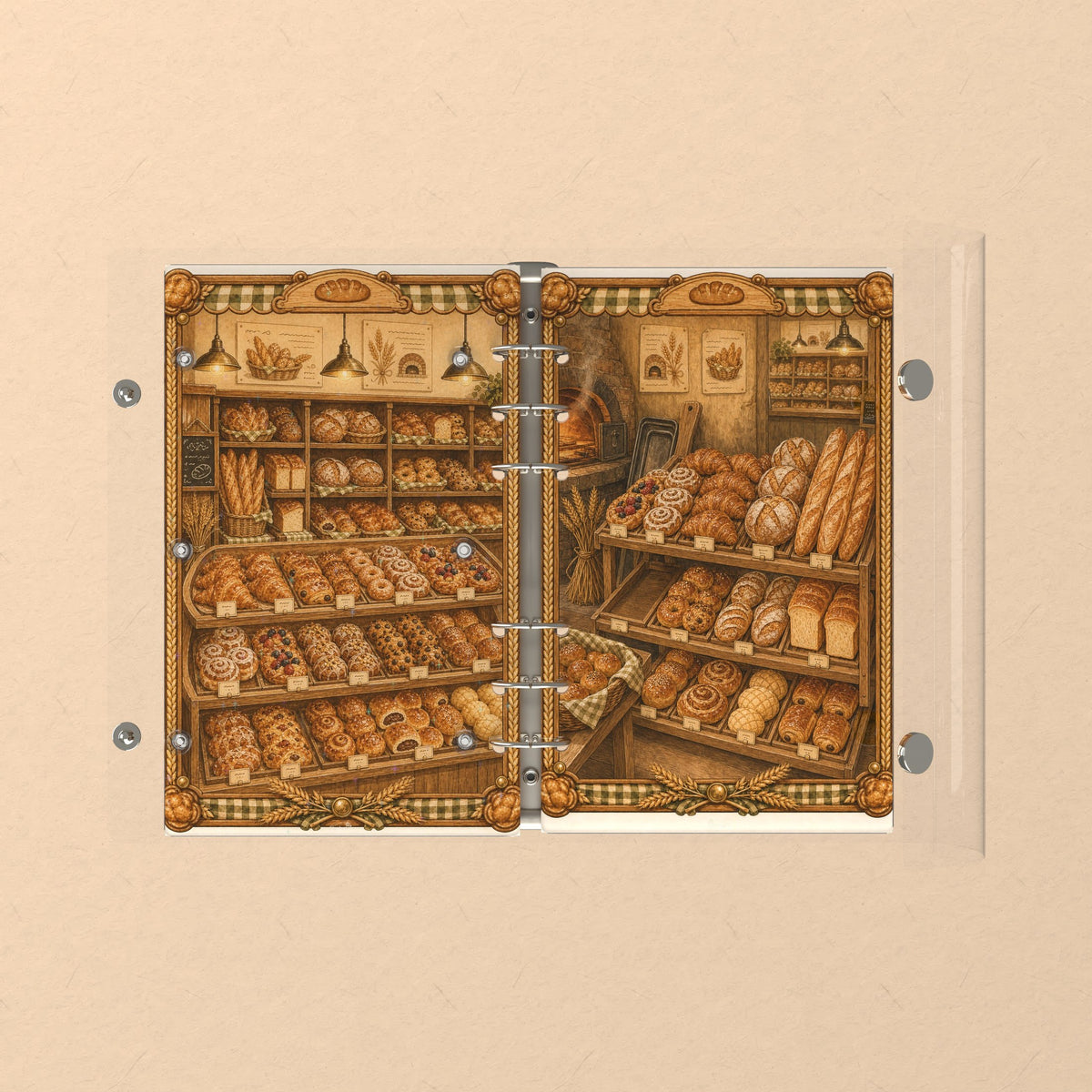 Opened flat: the inside of the front and back covers