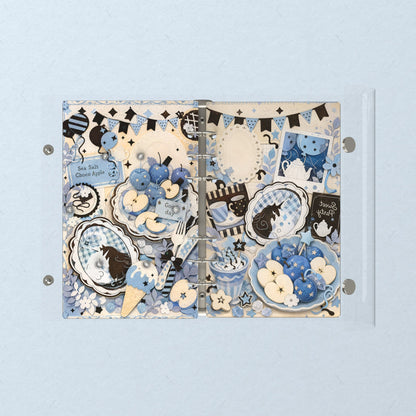 Opened flat: the inside of the front and back covers