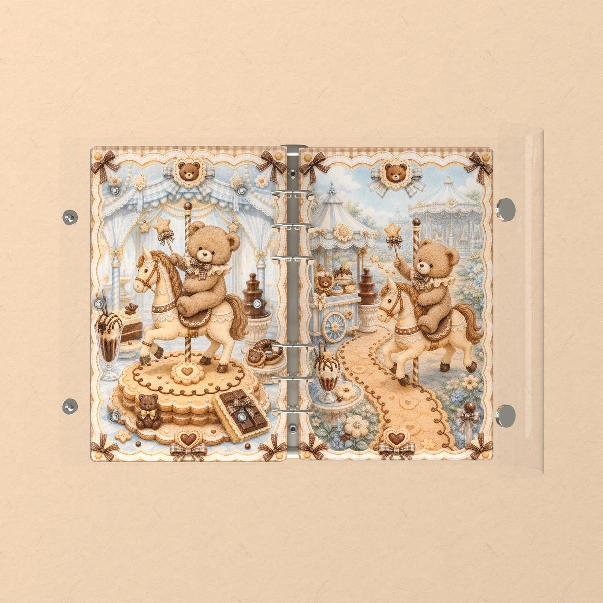 Opened flat: the inside of the front and back covers