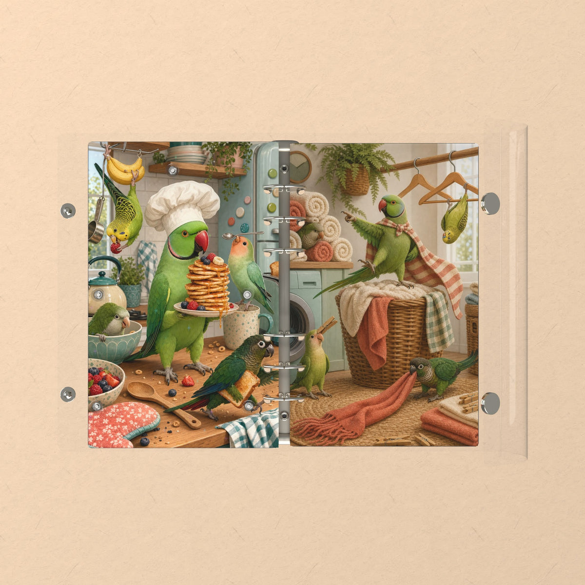 Opened flat: the inside of the front and back covers