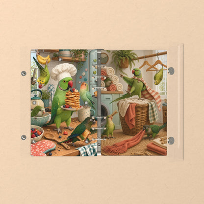 Opened flat: the inside of the front and back covers