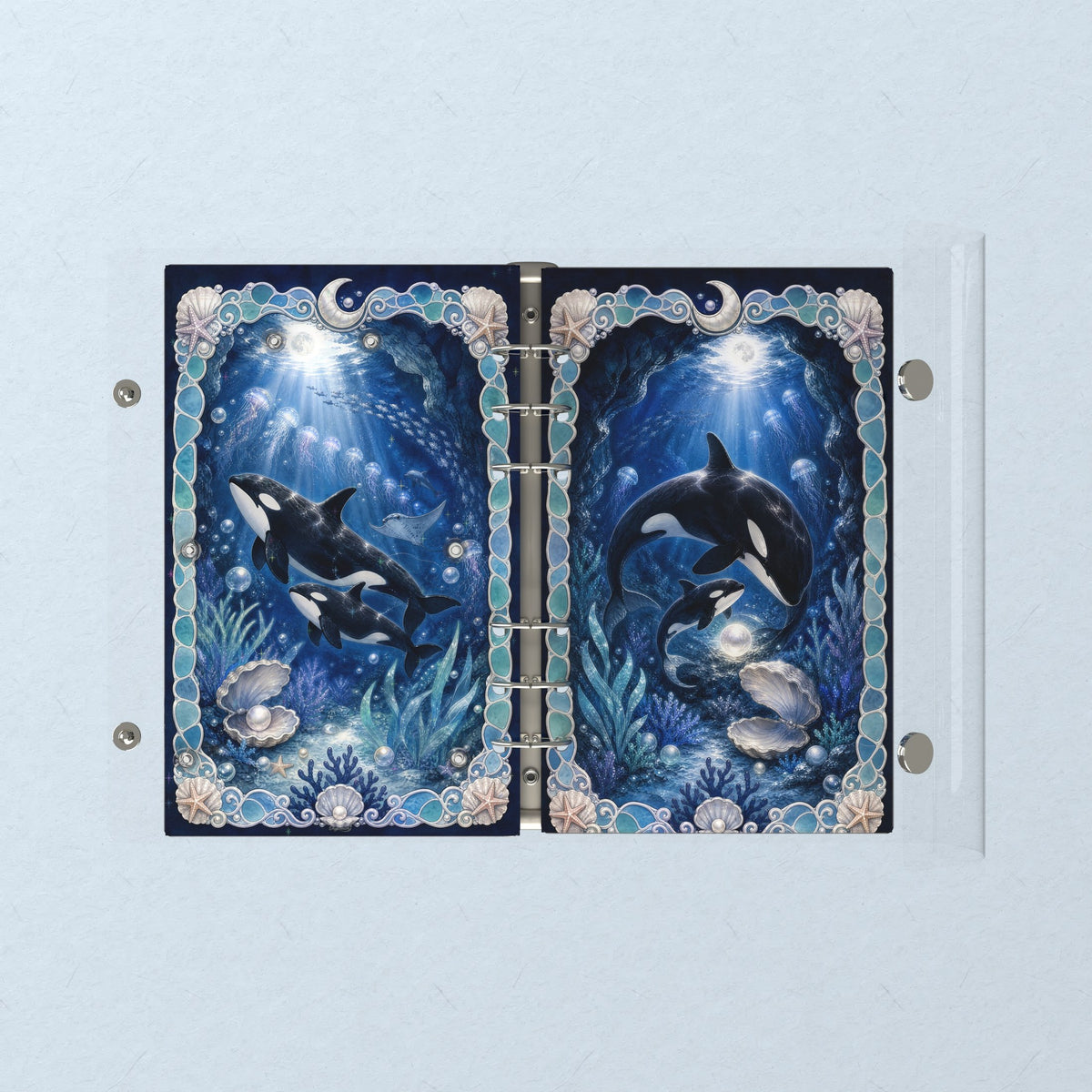 Opened flat: the inside of the front and back covers