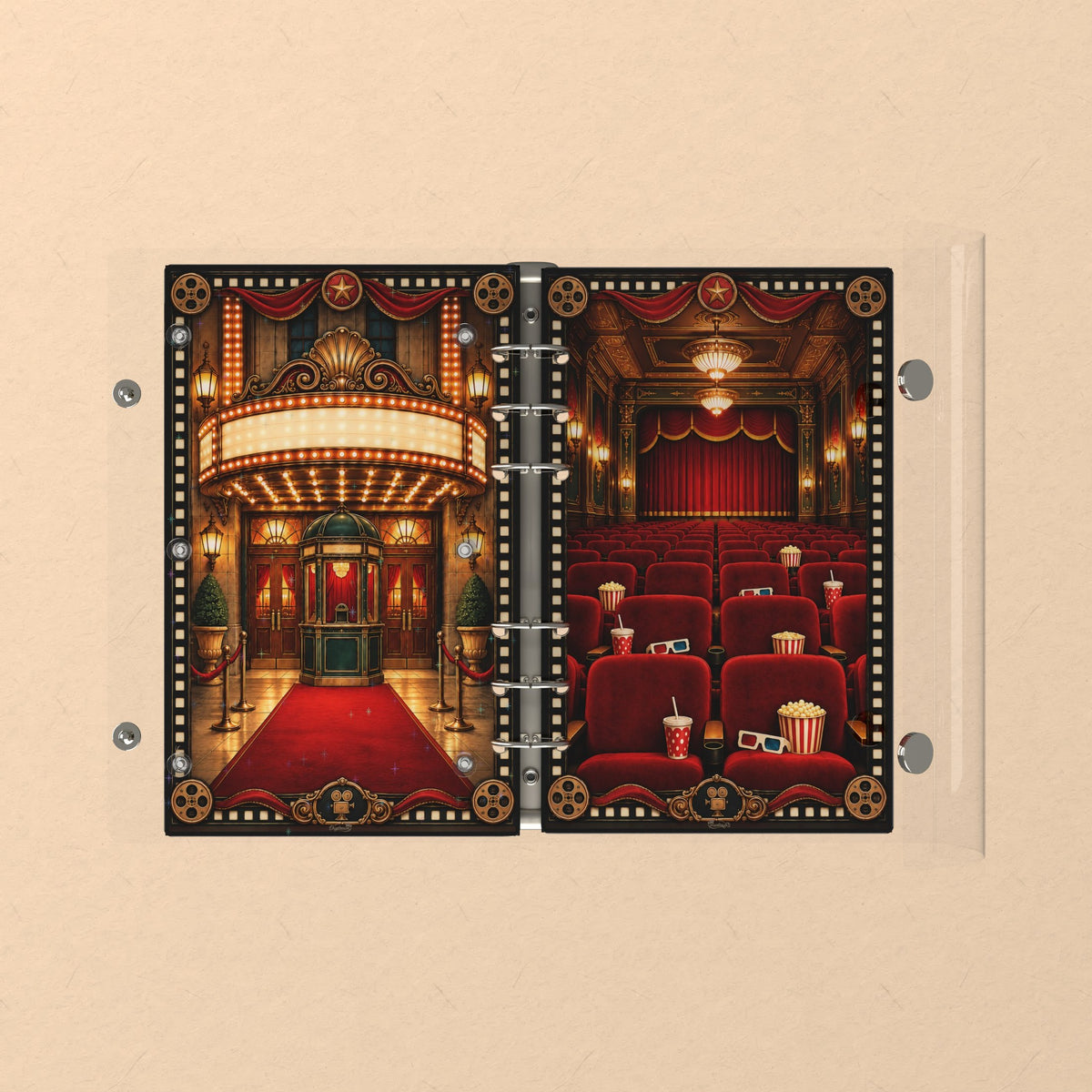 Opened flat: the inside of the front and back covers