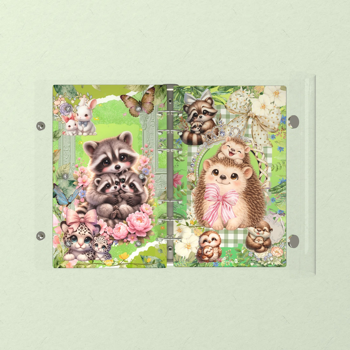 Opened flat: the inside of the front and back covers