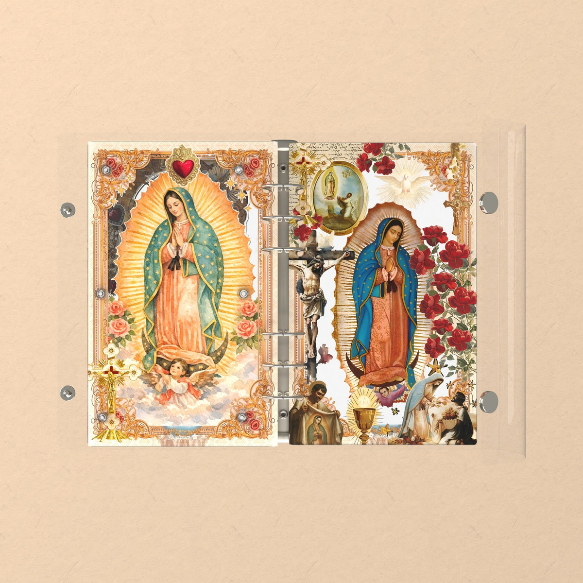 Opened flat: the inside of the front and back covers
