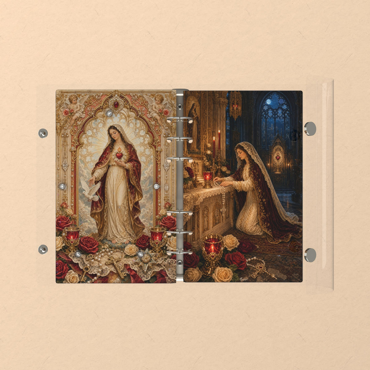 Opened flat: the inside of the front and back covers