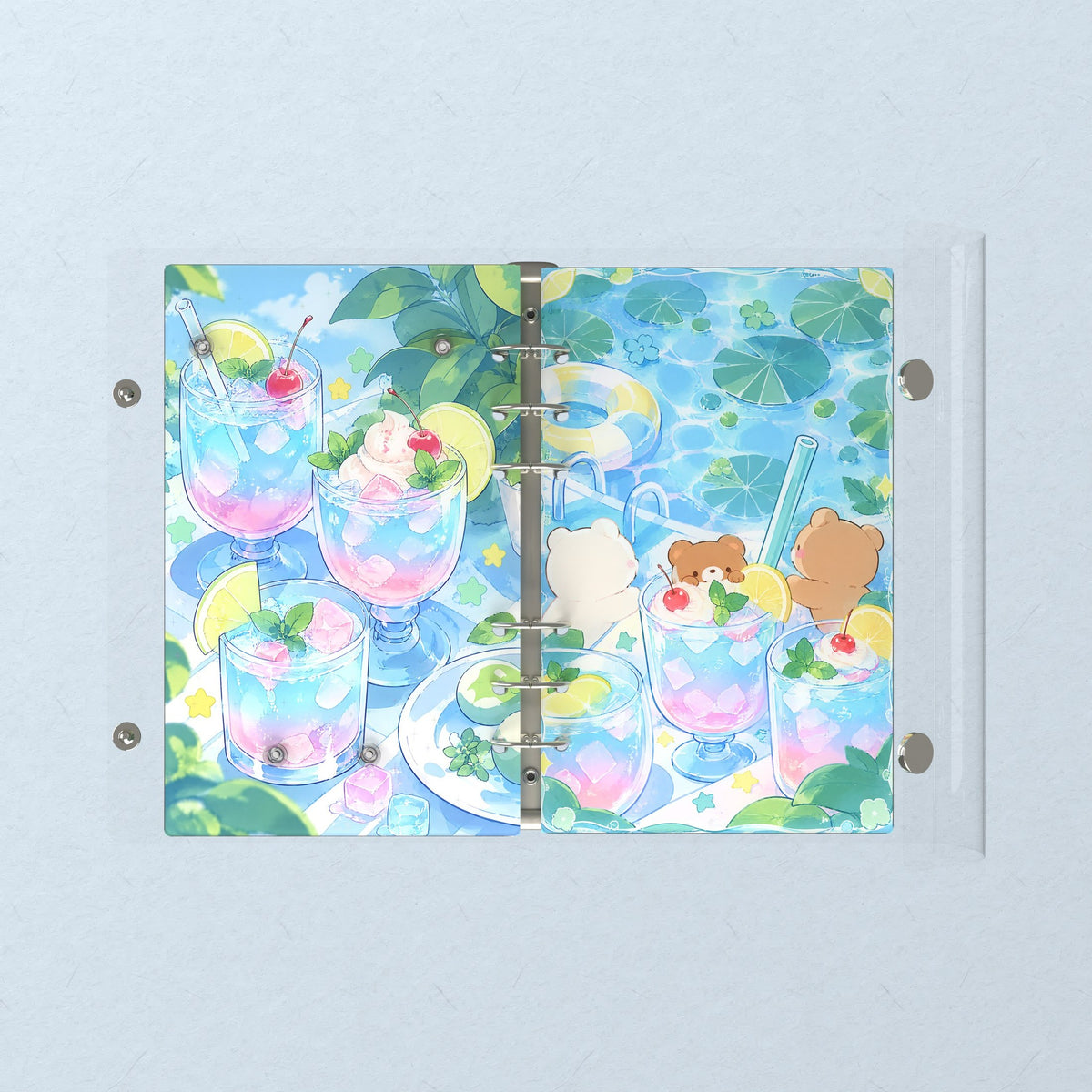 Opened flat: the inside of the front and back covers