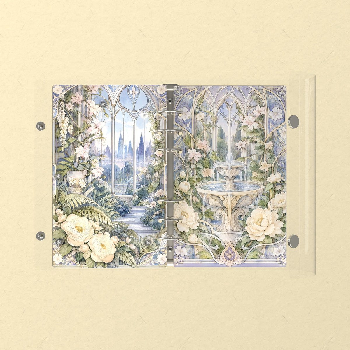 Opened flat: the inside of the front and back covers
