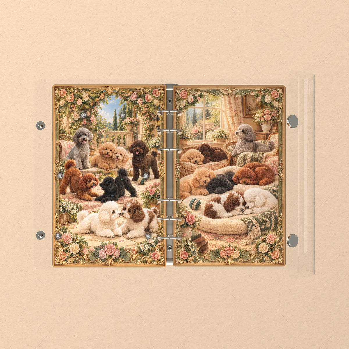 Opened flat: the inside of the front and back covers