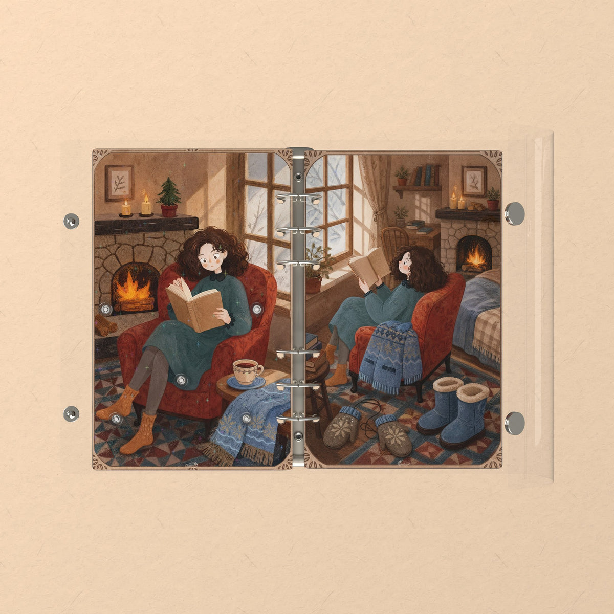 Opened flat: the inside of the front and back covers