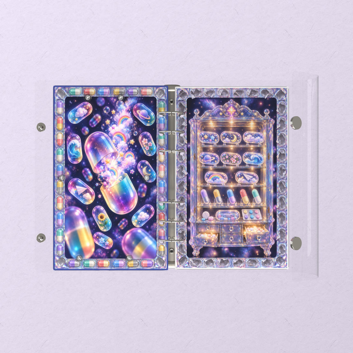 Opened flat: the inside of the front and back covers