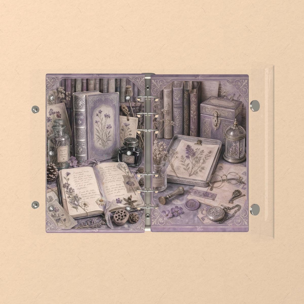 Opened flat: the inside of the front and back covers