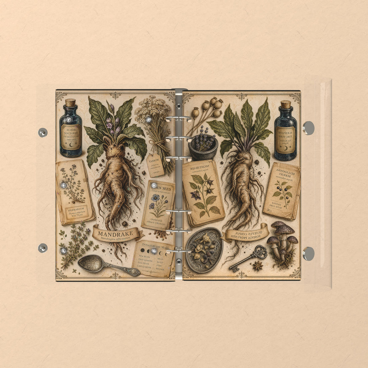 Opened flat: the inside of the front and back covers