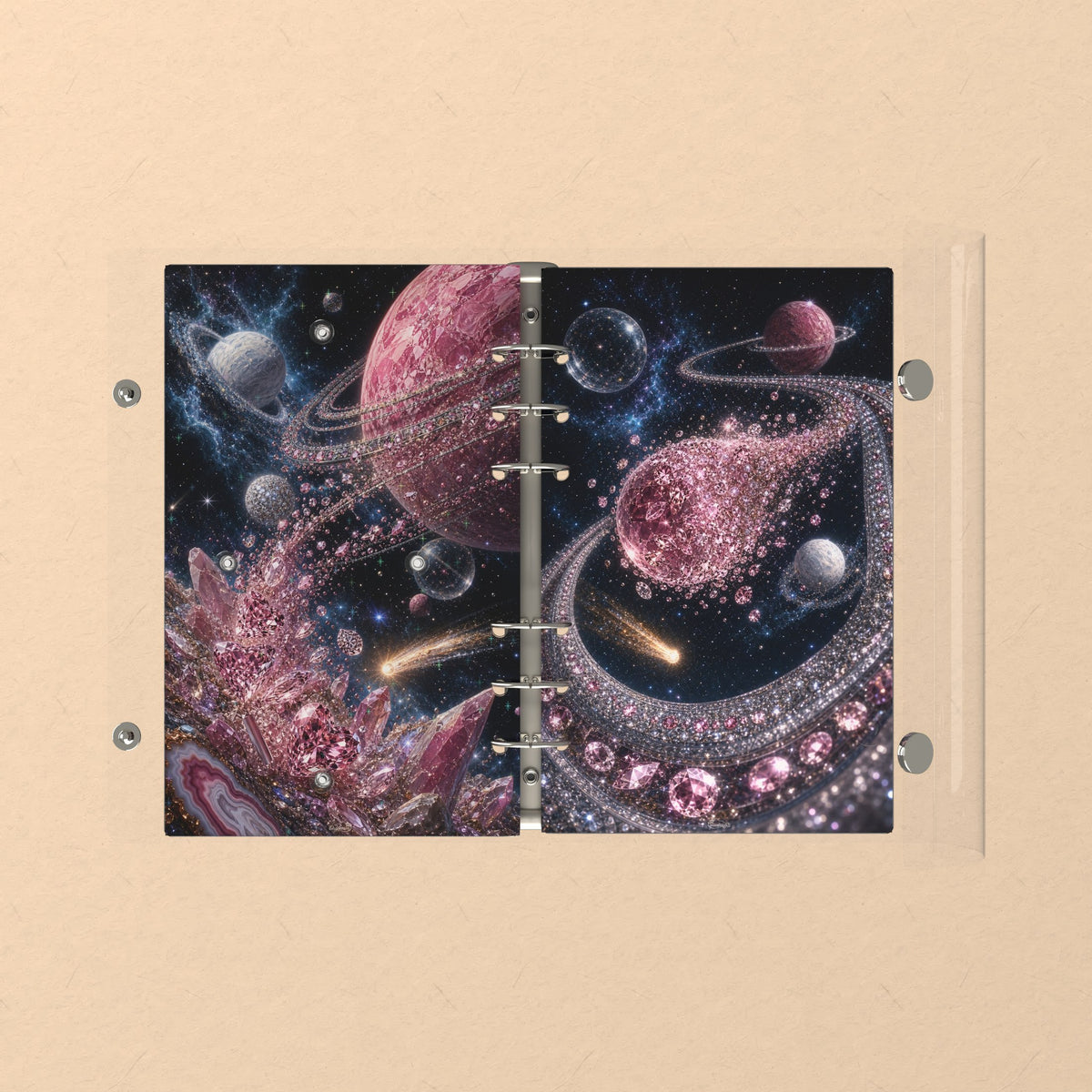 Opened flat: the inside of the front and back covers