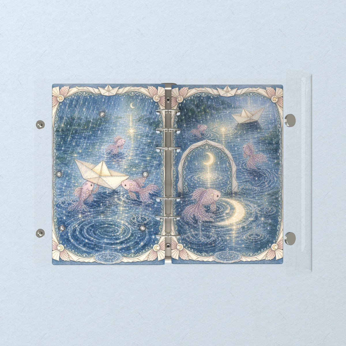 Opened flat: the inside of the front and back covers