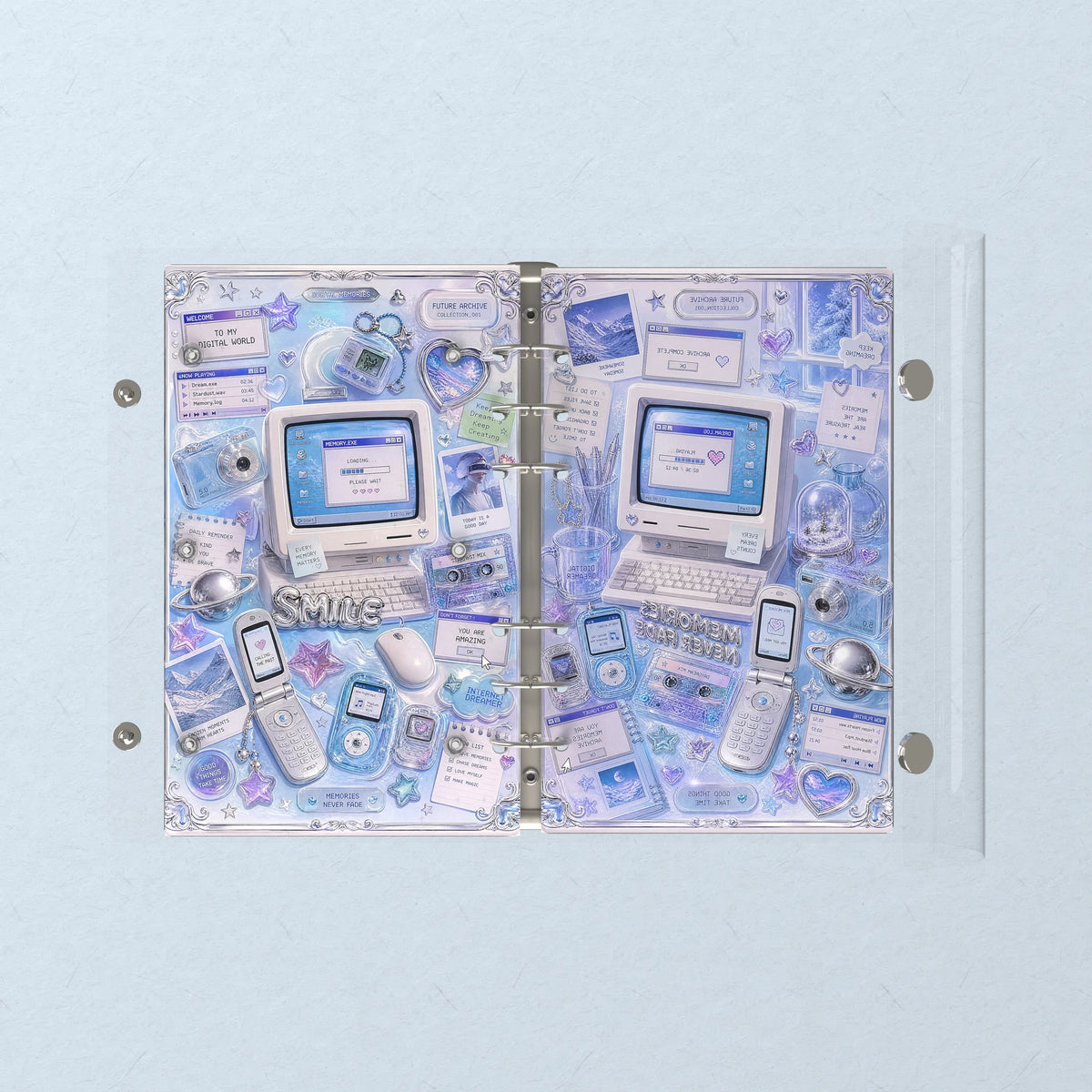 Opened flat: the inside of the front and back covers