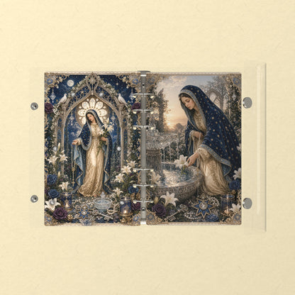 Opened flat: the inside of the front and back covers