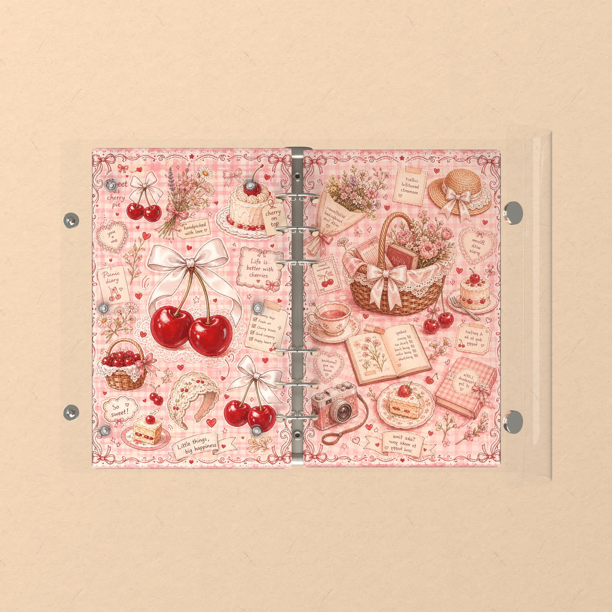 Opened flat: the inside of the front and back covers