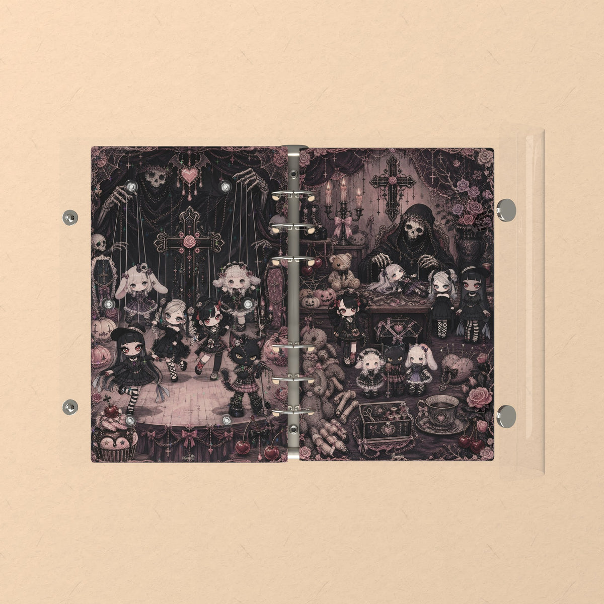 Opened flat: the inside of the front and back covers