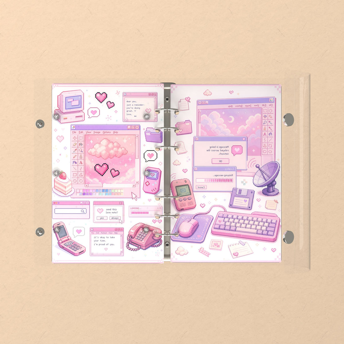 Opened flat: the inside of the front and back covers