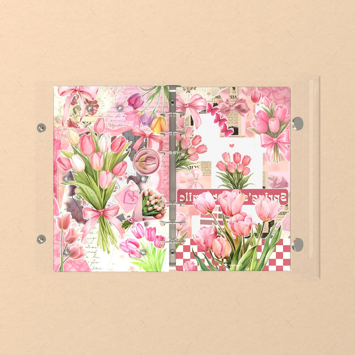 Opened flat: the inside of the front and back covers