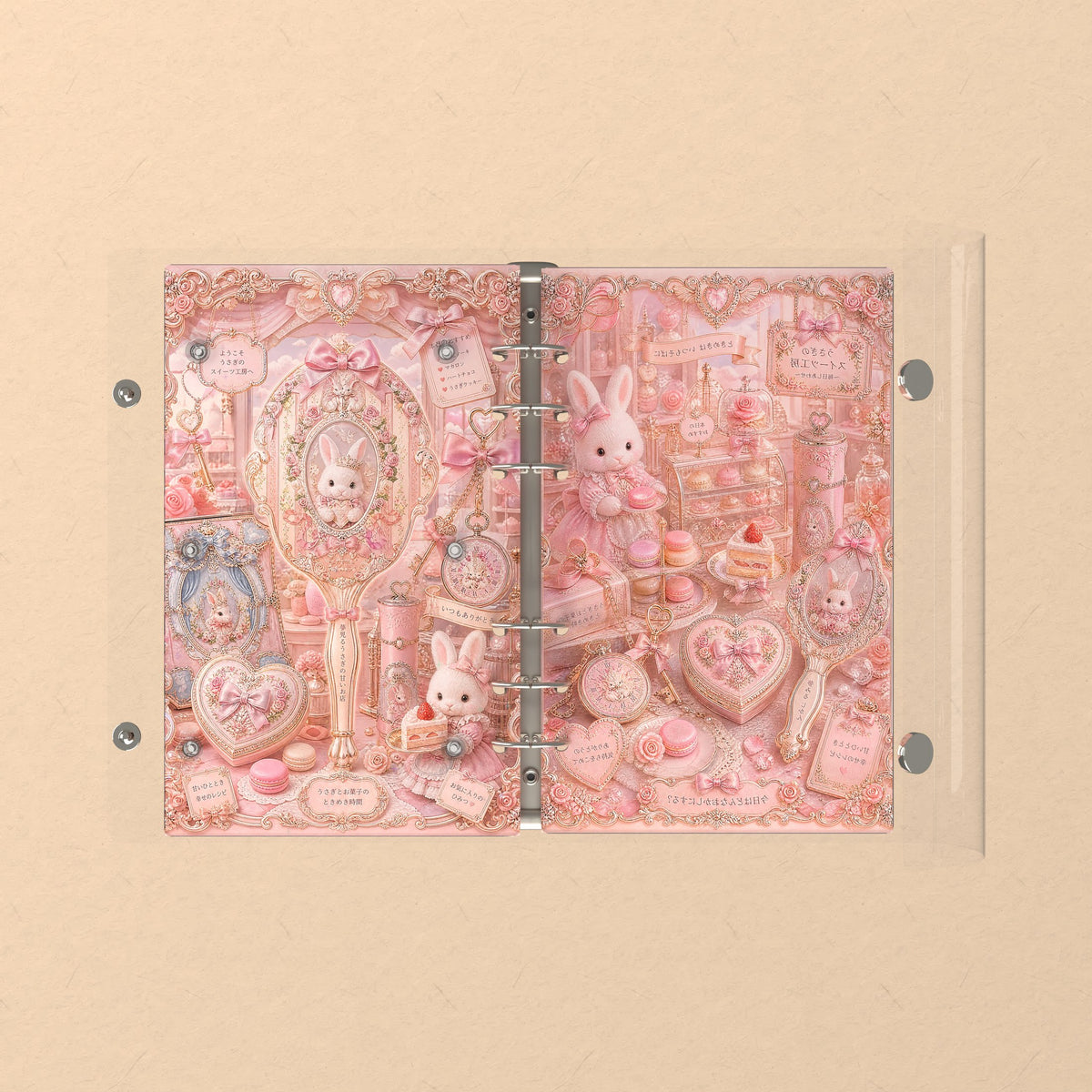 Opened flat: the inside of the front and back covers