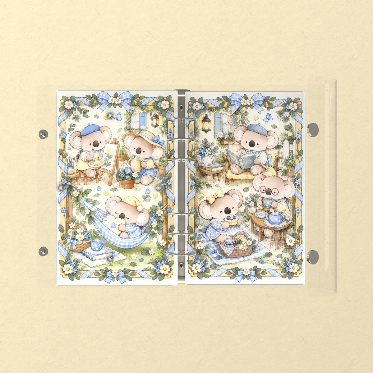 Opened flat: the inside of the front and back covers